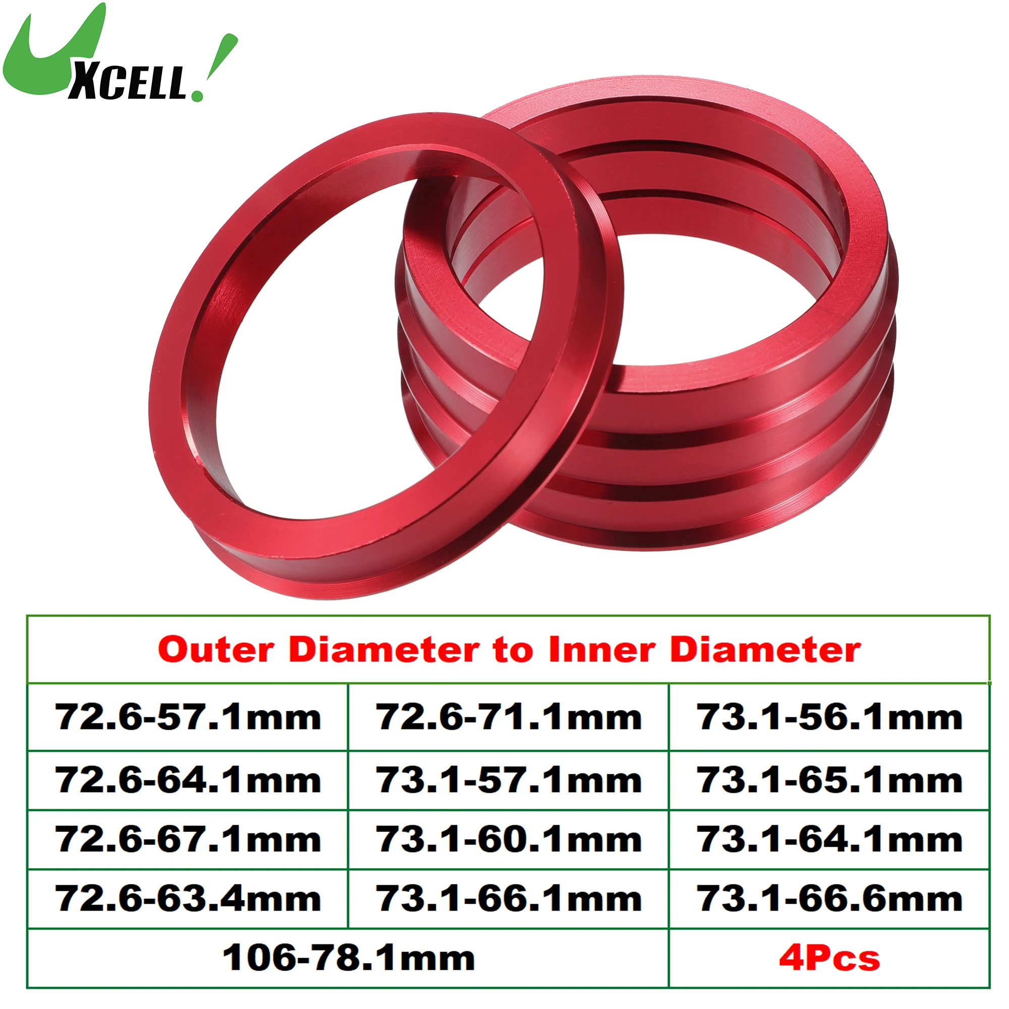 UXCELL 4pcs OD 72.6mm 73.1mm to ID 57.1mm 60.1mm 67.1mm 65.1mm Car Tire Centering Hub Centric Rings Wheel Bore Center Red