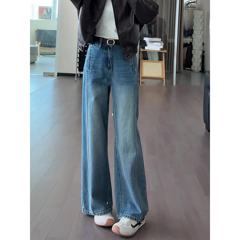 

Retro Blue Wide Leg Jeans for Women 2025 Autumn New High Waist Slim Loose Fit Straight Cut Blade Pants