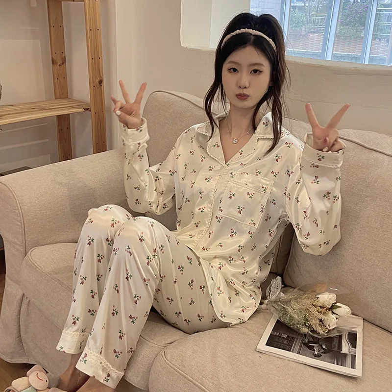 Women's 2 Piece Pajamas Sets Floral Print Pijama Faux Silk Satin Pyjama Female Sleepwear Long Sleeve Lapel Shirt Pants Homewear