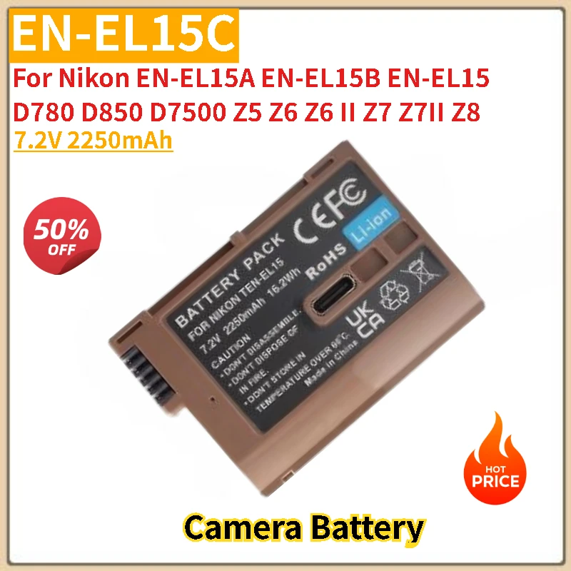 100% New EN-EL15C Battery 7.2V 2250mAh Type-C direct charging for Nikon D780 D850 D7500 Z5 Z6 Z6 II Z7 Z7II Z8 EN-EL15A EN-EL15B
