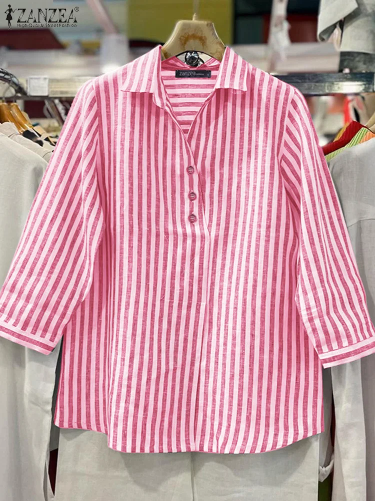 2025 ZANZEA 秋オフィスストライプシャツファッション女性ブラウスラペルネック 3/4 袖 Blusas カジュアルボタントップスルーズシュミーズ