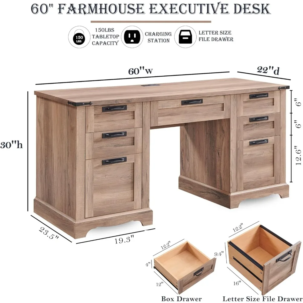 60-inch wooden home desk with drawers with charging station, keyboard holder, drawers, locker, computer desk