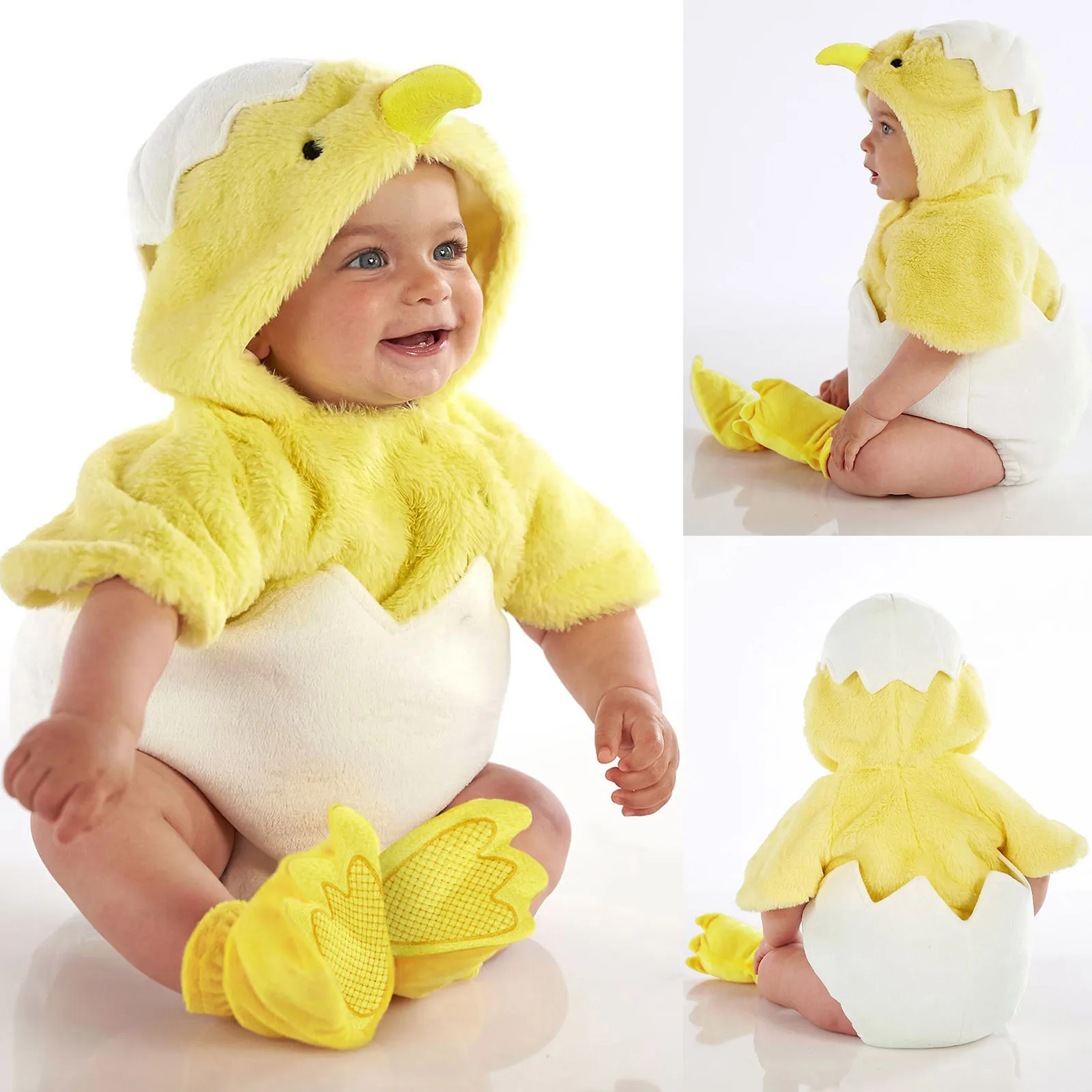 Infant Boys Girls Cosplay Cute Chicken Costume Winter Warm Hooded Jumpsuit Toddler Fleece Long Sleeve Rompers Bodysuits Clothes