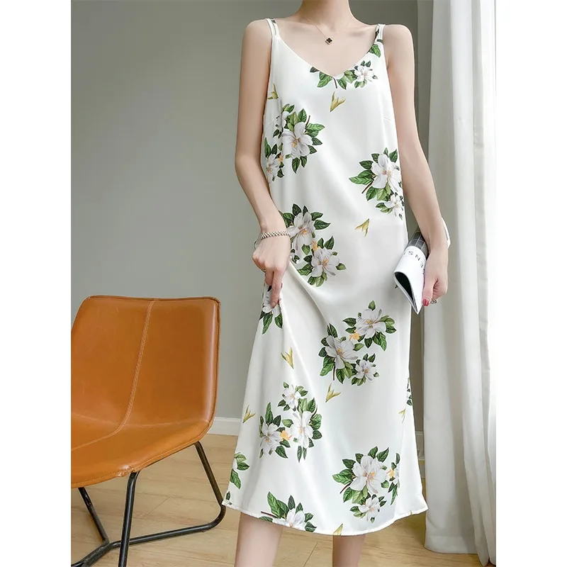 シルクブレンド サマー新作 スレヴァイオン アソーファイア レディース ストラップ付き ミディアム丈 アセテートサテンベーススカート Aラインガウン