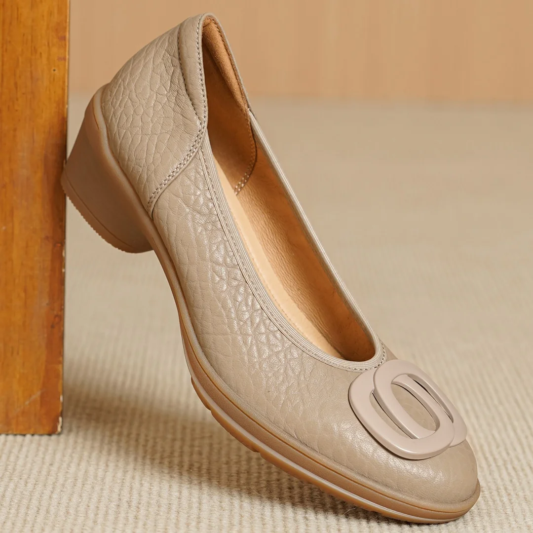 

danxuefei 2026 spring new women's sheepskin round toe metal buckle slip-on pumps 4.5cm wedge med heel OL style casual daily shoe