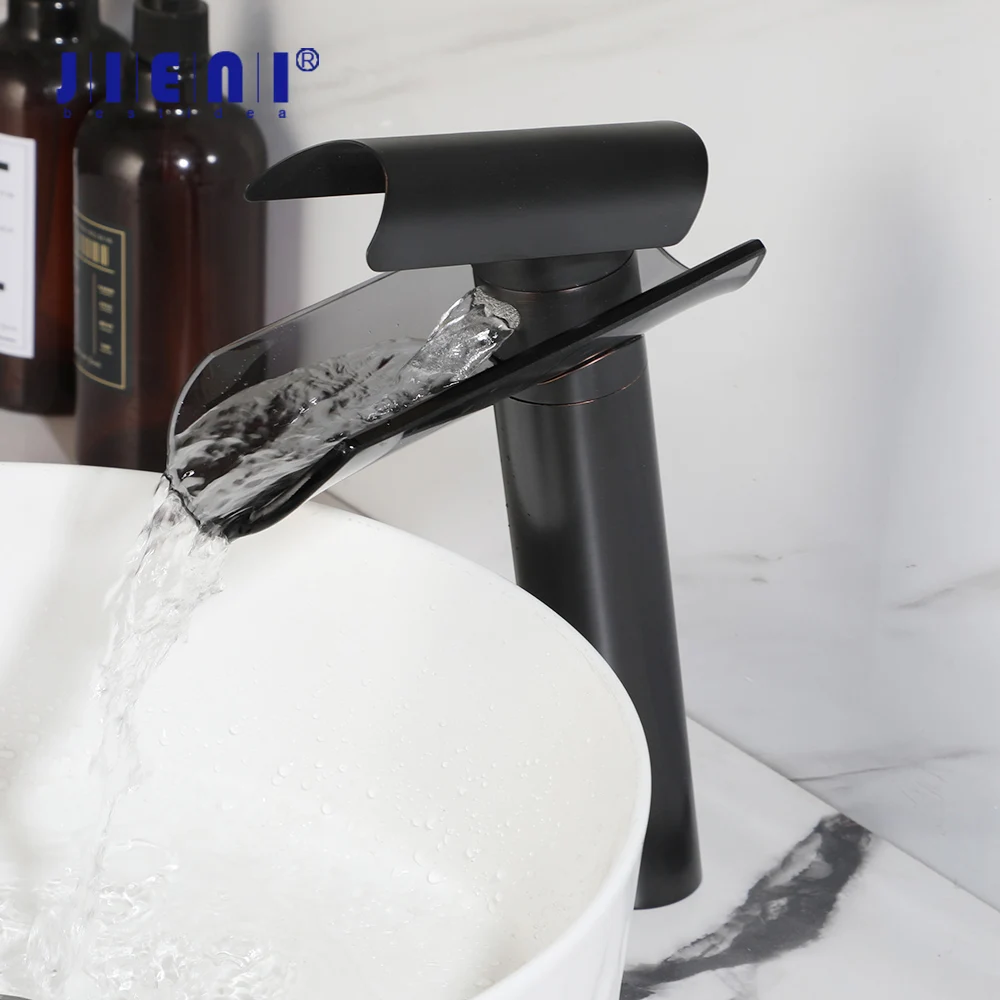 

JIENI Waterfall Oil Rubbed Bronze Bathroom Sink Faucet Single Handle Brass Washbasin Tap Simple Vessel Basin Hot Cold Mixer Taps