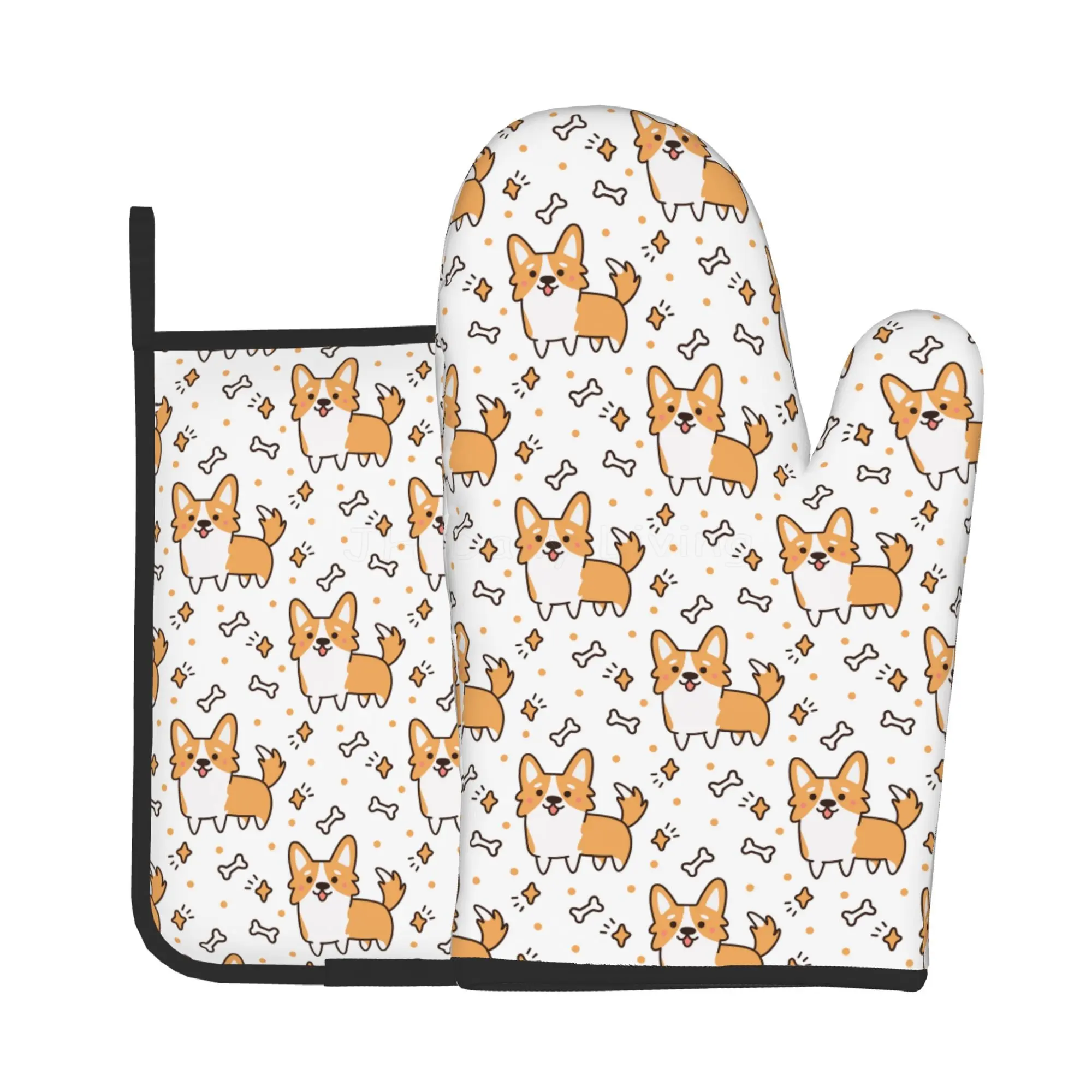 Kawaii Corgi Heat Resistant Oven Mitts and Pot Holders Sets Non Slip Thick Kitchen Microwave Gloves for Cooking Baking Grilling