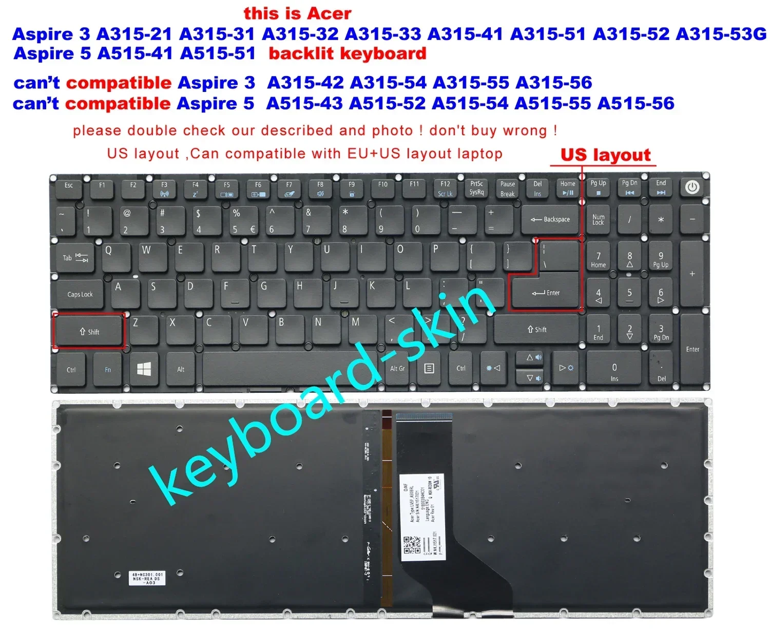 Teclado retroiluminado estadounidense para Acer Aspire 3 A315-21 A315-31 A315-32 A315-41 A315-51 A315-52 A315-53 A315-53G, Aspire 5 A515-51 A515-51G