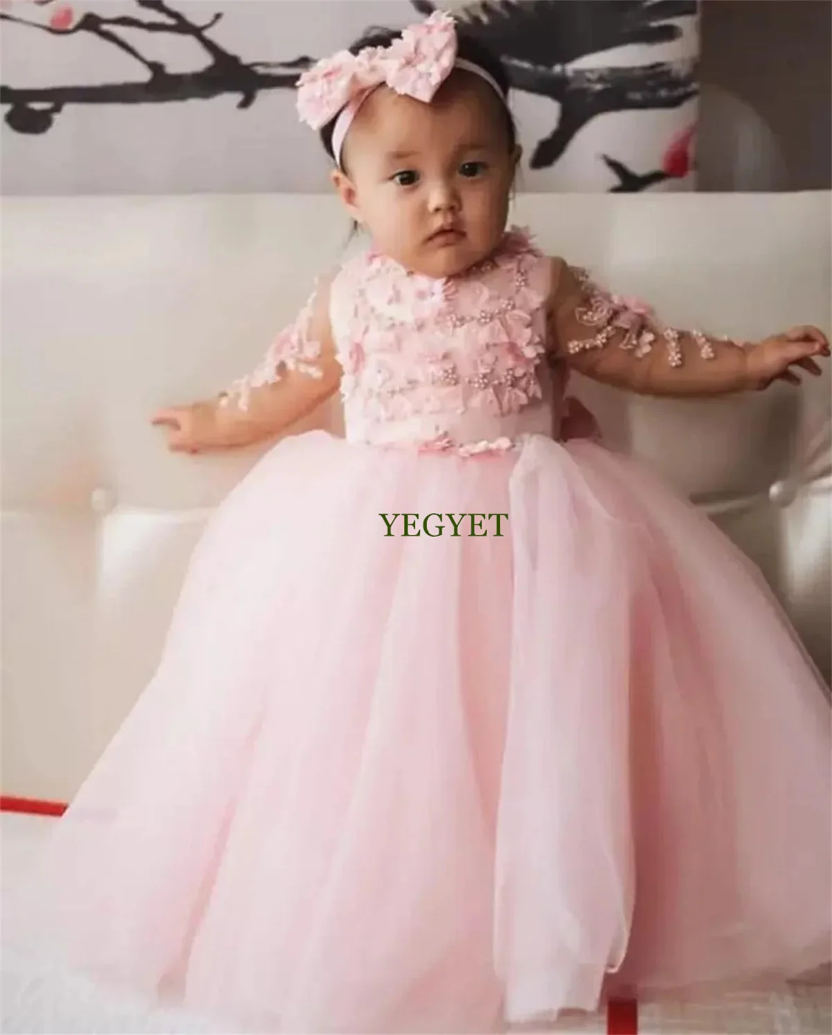 Lovely Baby Flower Girls' Dresses for Weddings with Bow Beaded 3D-Applique Tulle Princess Party Birthday Gowns Long Sleeves Page