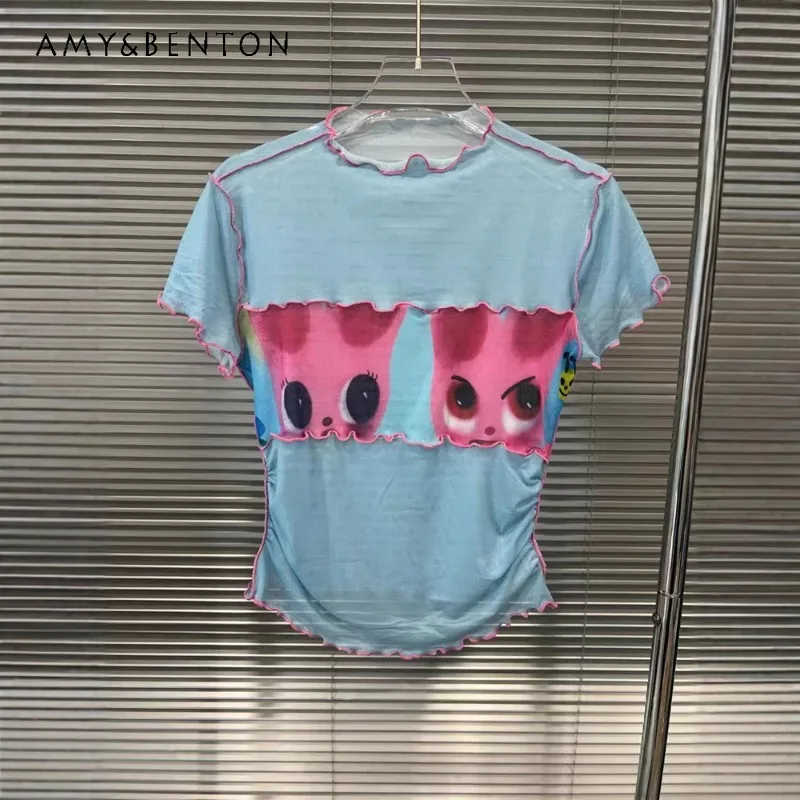 

2025 Summer New American Soft Girl Style Slim And Skinny Y2k Tees Versatile Printed Short Sleeved T-Shirt Women's Top Pullovers