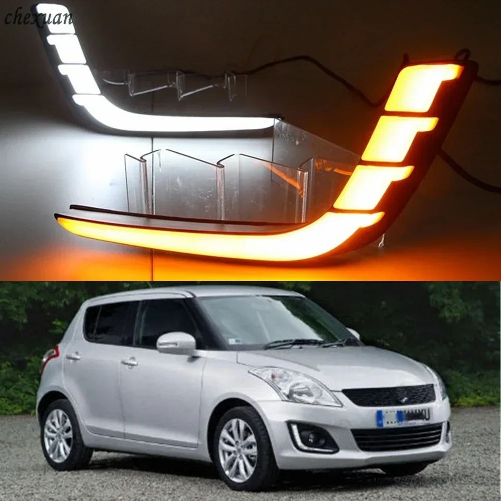 New！ CSCSNL 2PCS LED DRL Daytime Running Lights ABS Fog Lamp Cover Light With Turn Yellow Signal For Suzuki Swift 2014 2015 2016