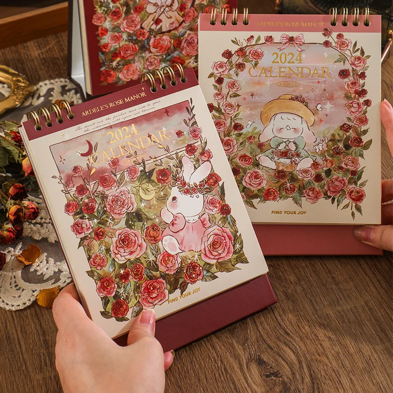 Nuovo calendario Manor rosa di Adele calendario da tavolo per coniglio e Rose dei cartoni animati da 2024 anni pianificatore giornaliero mensile