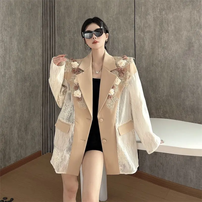 Women's Blazers Coat Embroidered Flower Patchwork Lace Suit Summer New Sunscreen Top