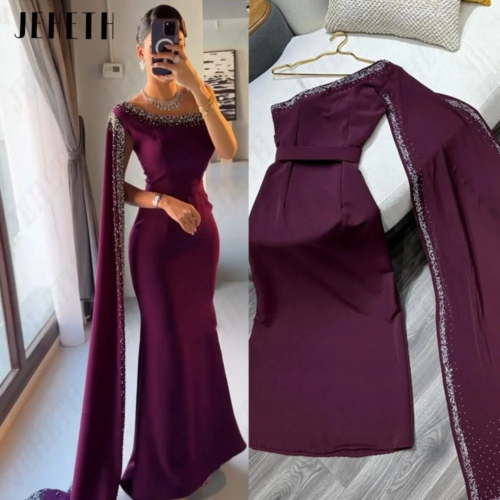 JEHETH Formal Saudi Women Evening Dress One Shoulder With Jacket Mermaid Prom Dresses Crystal Ankle Length Purple Party Gowns