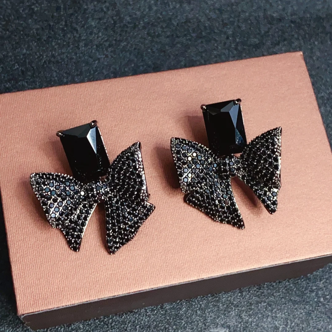 

Trendy Fashion Super Shiny Female Focus Bow Shape Black Earrings For Holiday Prom Party Gift Wedding Travel Jewellery Set E274