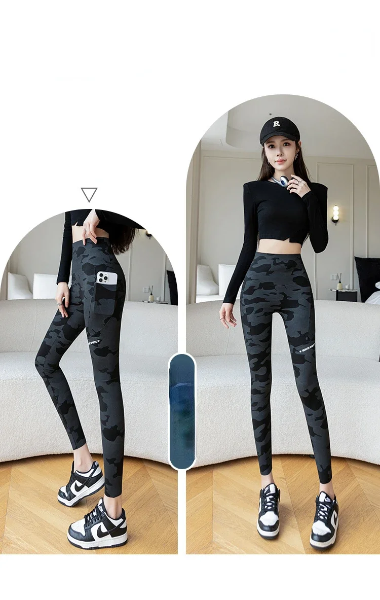 Frauen Camo Shark Hosen Hohe Taille Tasche Leggings Große Größe Dehnbare Casual Hosen Mode Dünne Yoga Fitness Hosen – Detail 6