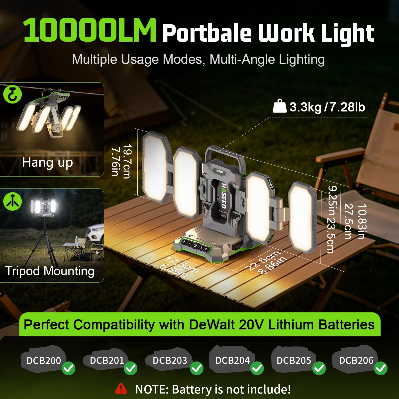 10000LM LED Work Light Compatible with Dewalt 20V, 360° Lighting, Adjustable Brightness/CCT, Battery/Type-C Powered & 2 Outputs for Construction Camping