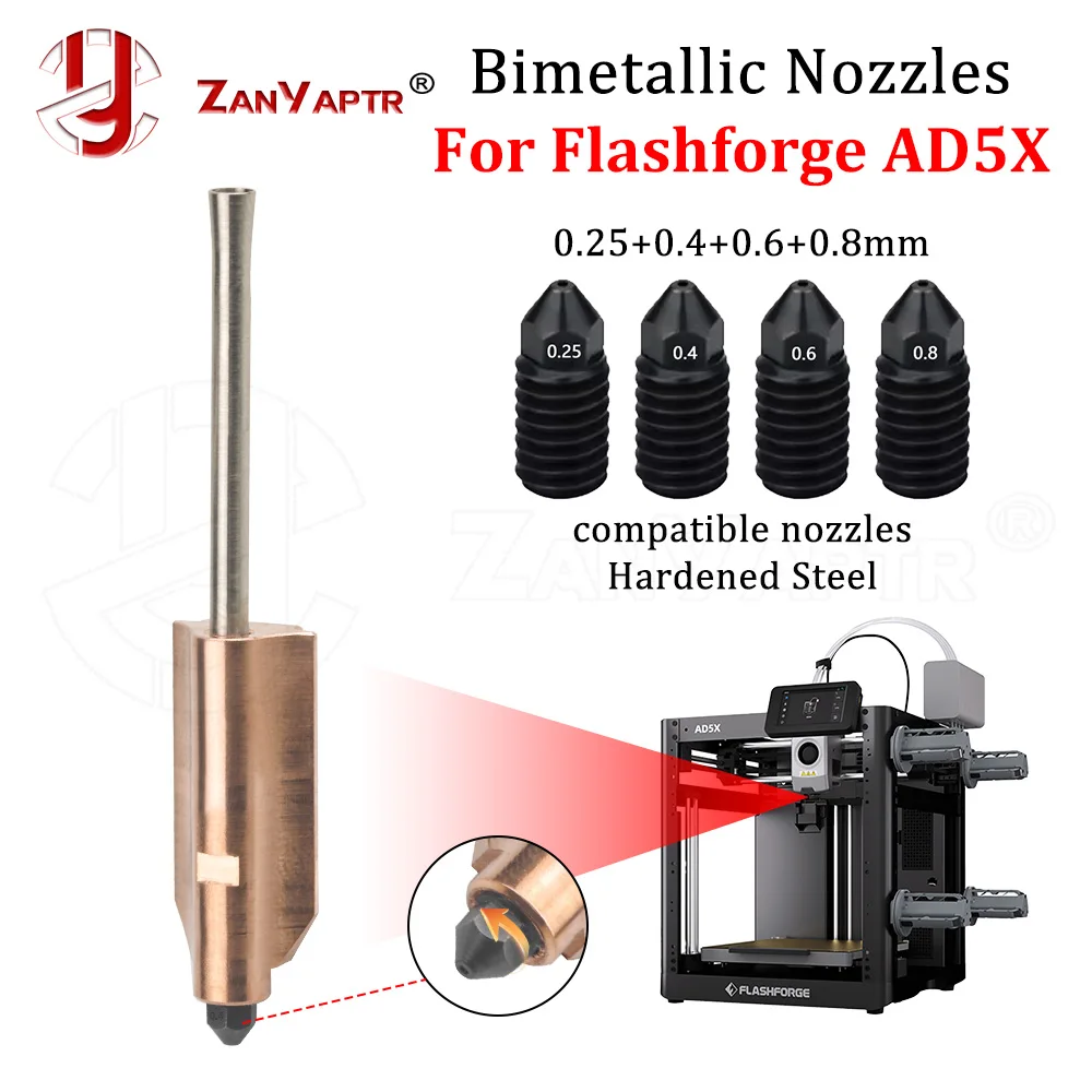 

For Flashforge AD5X Bimetallic Hardened Steel Nozzles 0.25/0.4/0.6/0.8mm 3D Printer Parts New Upgraded Detachable Nozzle