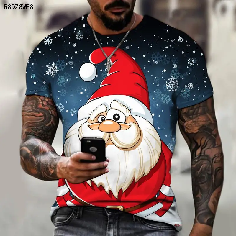 Brand Men\'s T-shirt Christmas New 3D Printing Santa Claus Christmas Tree Snowman Street Fashion Cool Top O-neck Design