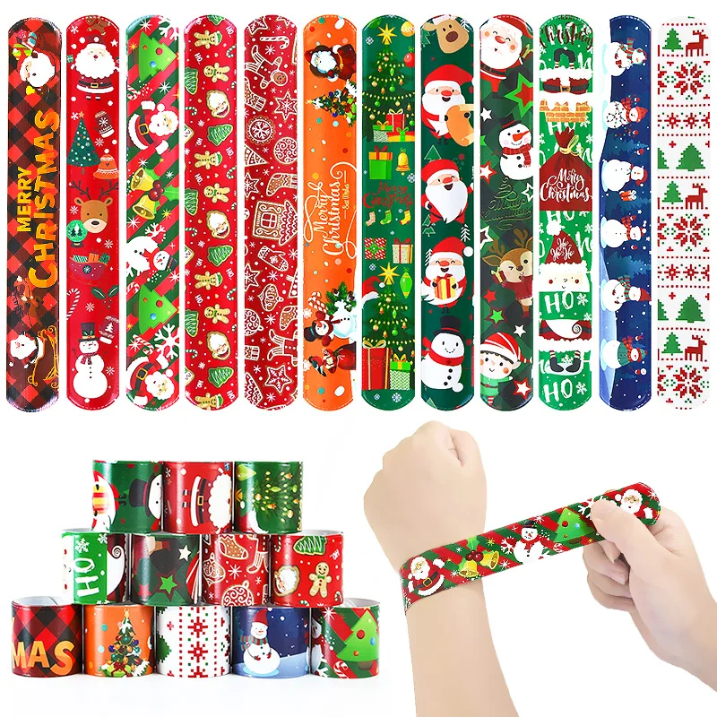 12Pcs Christmas Slap Bracelets Santa Claus Snowman Xmas Tree PVC Wristband Kids New Year Party Gifts For Guests 2025 Navidad