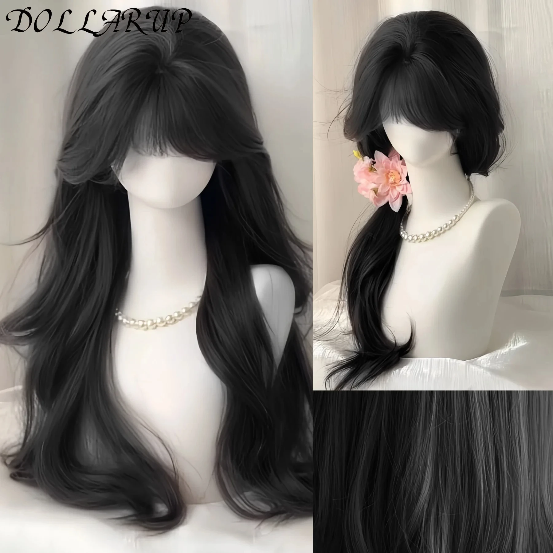 

JKL Синтетические длинные шелковистые прямые парики с челкой, черные парики для косплея, вечерние волосы Лолиты для женщин, натуральный термостойкий парик