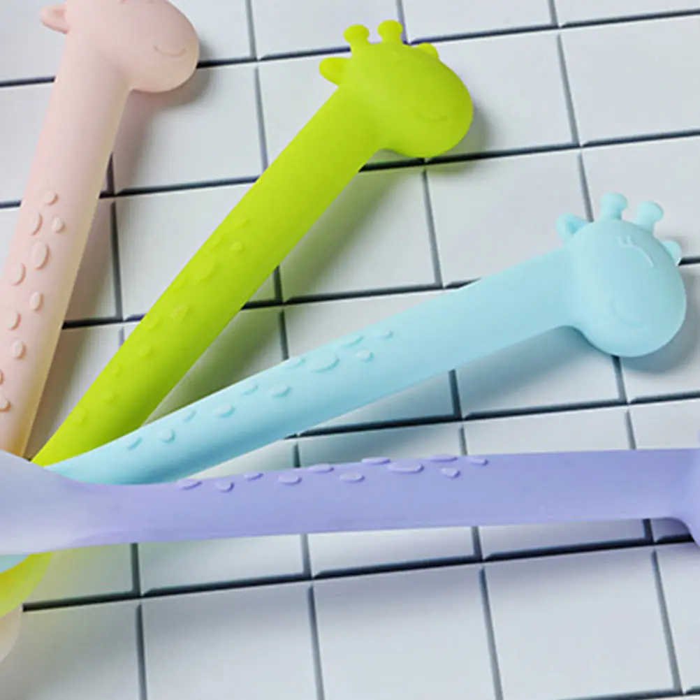 

4 шт., детская силиконовая ложка для кормления младенцев, мягкая посуда с головкой, мультяшный дизайн, тренировочная ложка, ложки для кормления новорожденных