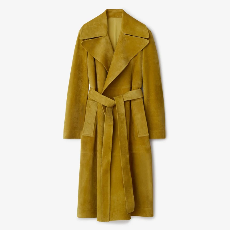 Trench coat de camurça de pele de carneiro feminino 2025 novo estilo de moda primavera e outono elegante agasalhos femininos