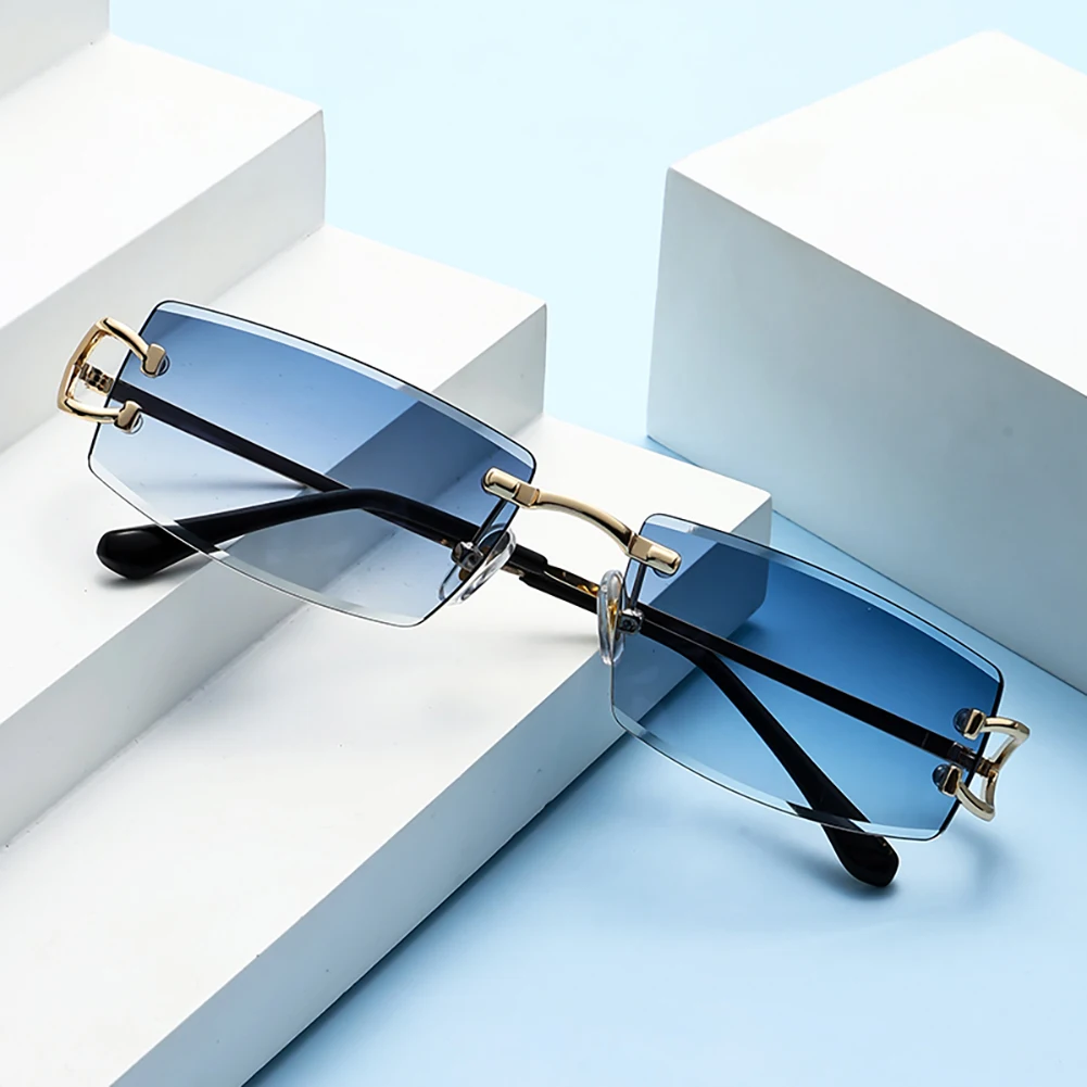 Kachawoo rectangle rimless sunglasses for men uv400 protection green black no frame sun glasses women trendy European style