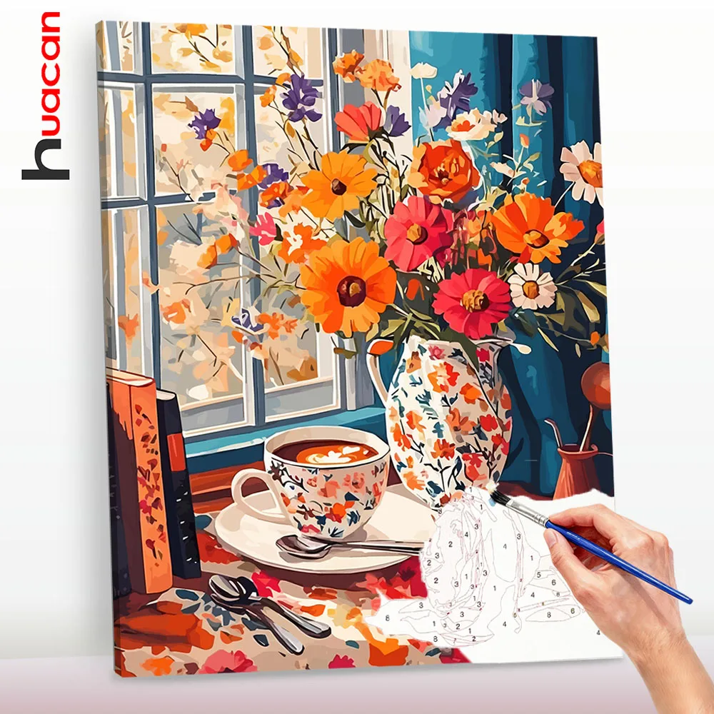 Huacan DIY-Ölgemälde nach Zahlen für Anfänger, Blumenvase, Kaffeetasse, einfaches Kunstwerk, Bild, Zeichnung, Leinwand, Heimdekoration
