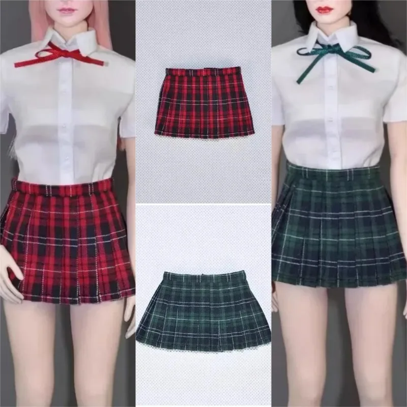 

1/6 Scale Handmade Student Jk Skirt Set White Tops Grid Pleated Skirt Clothes Model for 12'' Action Figures Decoration