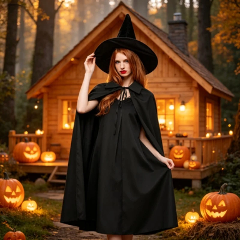 Black Velvet Halloween Cloak for Adult Long Hooded Cape for Vampire Witch Wizard Grim Reaper Party Performance