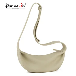 Donna-in Genuine Full Grained Leather Chest Crossbody Bag Women Men Natural Cowhide Sling Bag Unisex Casual Wide Shoulder Strap