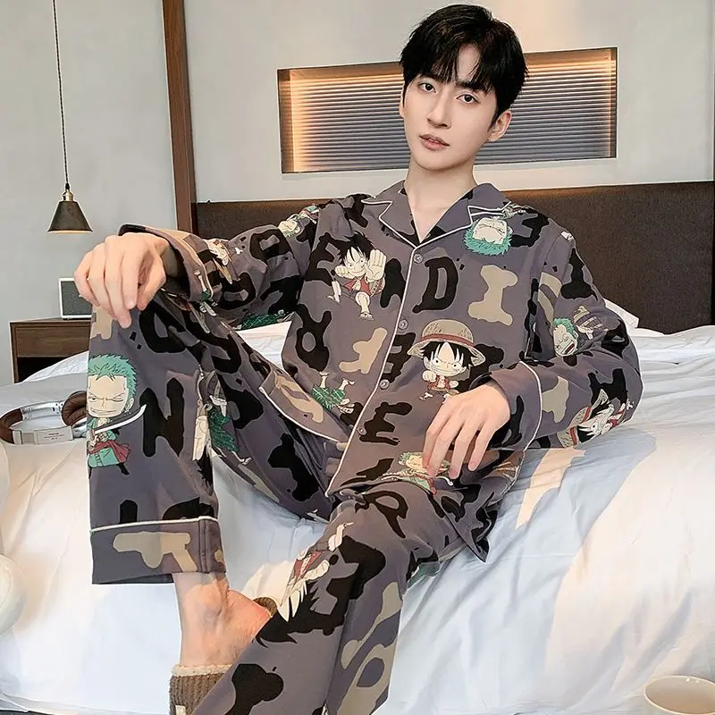 One Piece Monkey D. Luffy Roronoa Zoro Men\'s Sleepwear Spring and Autumn Cotton Long Sleeve Thin Cartoon Home Furnishing Set