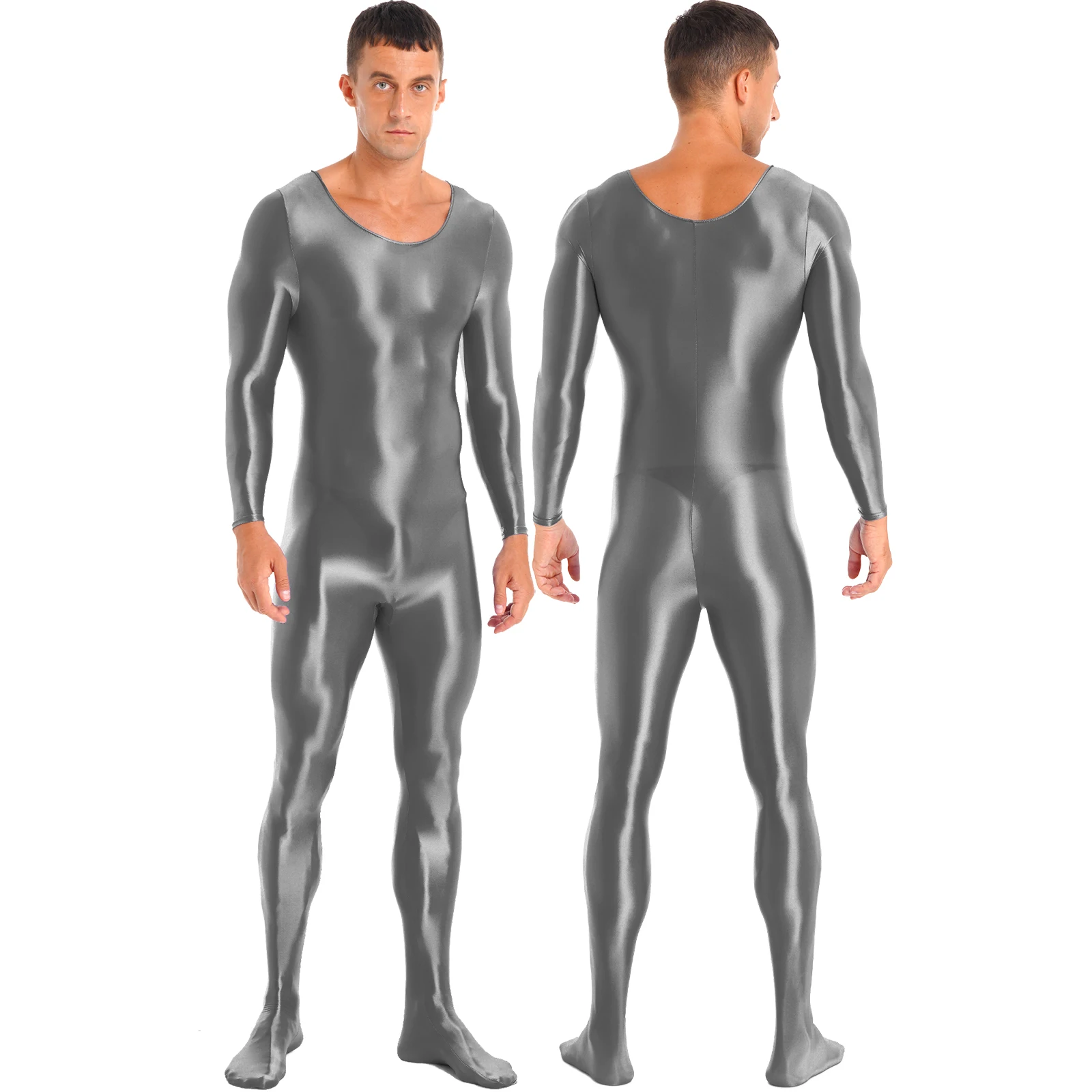 Mens Long Sleeve Glossy Bodystocking Solid Color Stretchy Bodysuit Party Nightclub Costume Clubwear Fitness Sportswear Nightwear