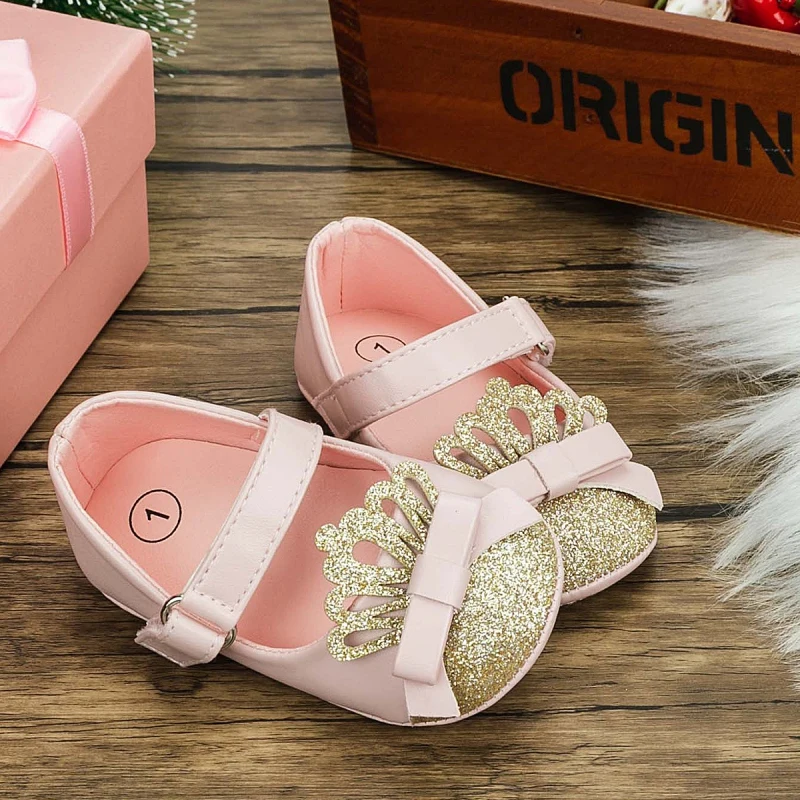 Infant Baby Girls Shoes Fashion Crown Princess Non-slip Rubber Shoe Soft-Sole Flat PU First Walker Birthday Shoes