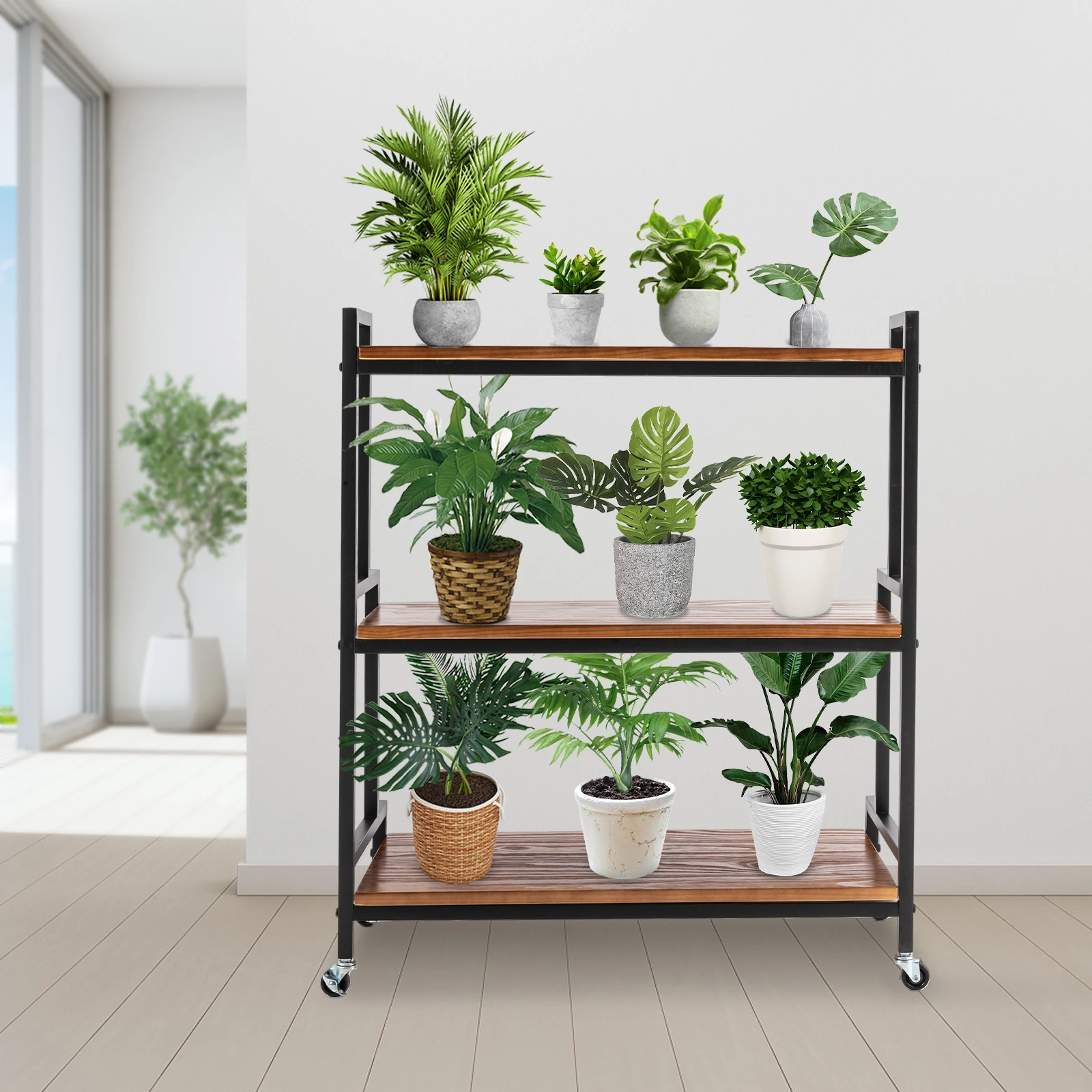 Rustic Plant Stand with Wheels Rolling Plant Shelves Rack Indoor Outdoor Metal Plant Stand with Solid Wood for Multiple Plants