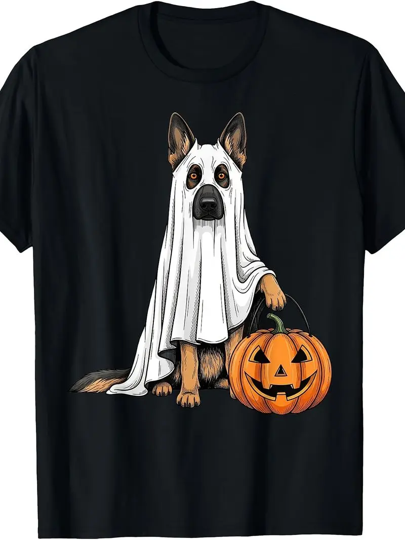 Funny German Shepherd Pumpkin Cute Spooky Dog Lover T-Shirt Retro Casual Crew Neck Printed T-Shirt Comfortable Machine Washable