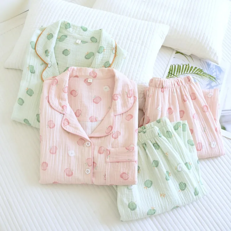 Spring Autumn Women Sweet  Simple Pajama Sets Female 100% Cotton Sleepwear Suit Women Round Collar Shirt & Pants Home Clothes