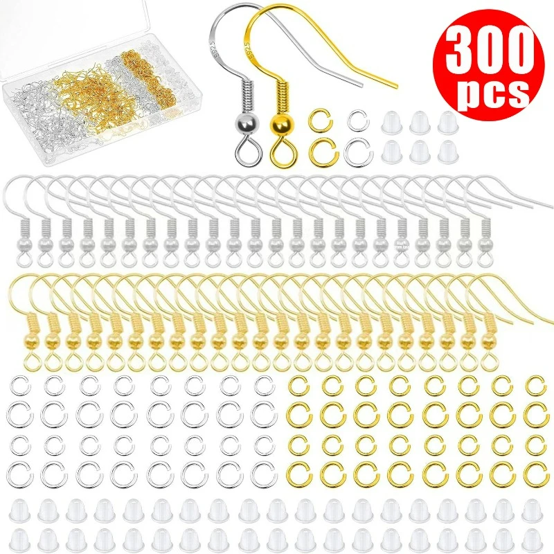 

300Pcs Stainless Steel Earring Hooks DIY Earrings Findings Clasps Rubber Ear Plug Earring Making Accessor Tools Set Hook Earwear