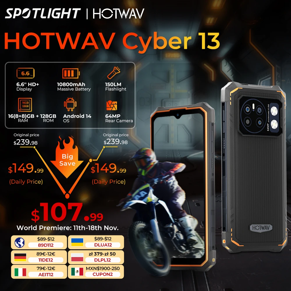 [World Premiere] HOTWAV Cyber 13 Rugged Phone 150LM Flashlight 8GB 128GB Smartphone 6.6'' HD+ 10800mAh 64MP Android 14 Cellphone