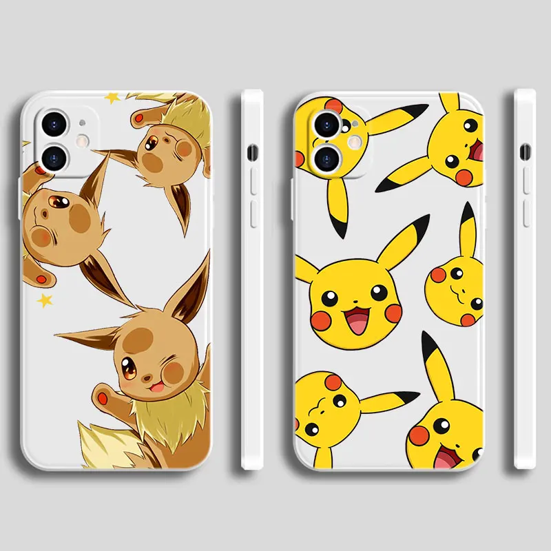 New Cute Pikachu Eevee Square Liquid Silicone Phone Case For iPhone 14 13 12 Mini 11 Pro XR X XS MAX 6S 7 8 Plus SE 2020 2022