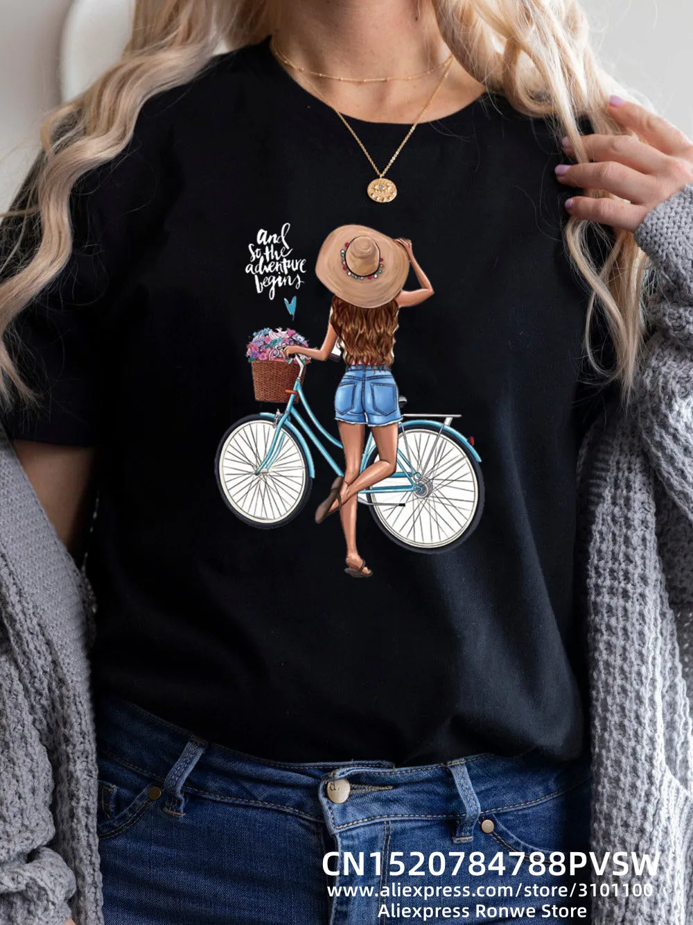 Bicycle Flower Women Print T-shirt Girl Y2K Short Sleeve Tees Tops Kawaii 90S Sweetshirts Female Harajuku Clothing