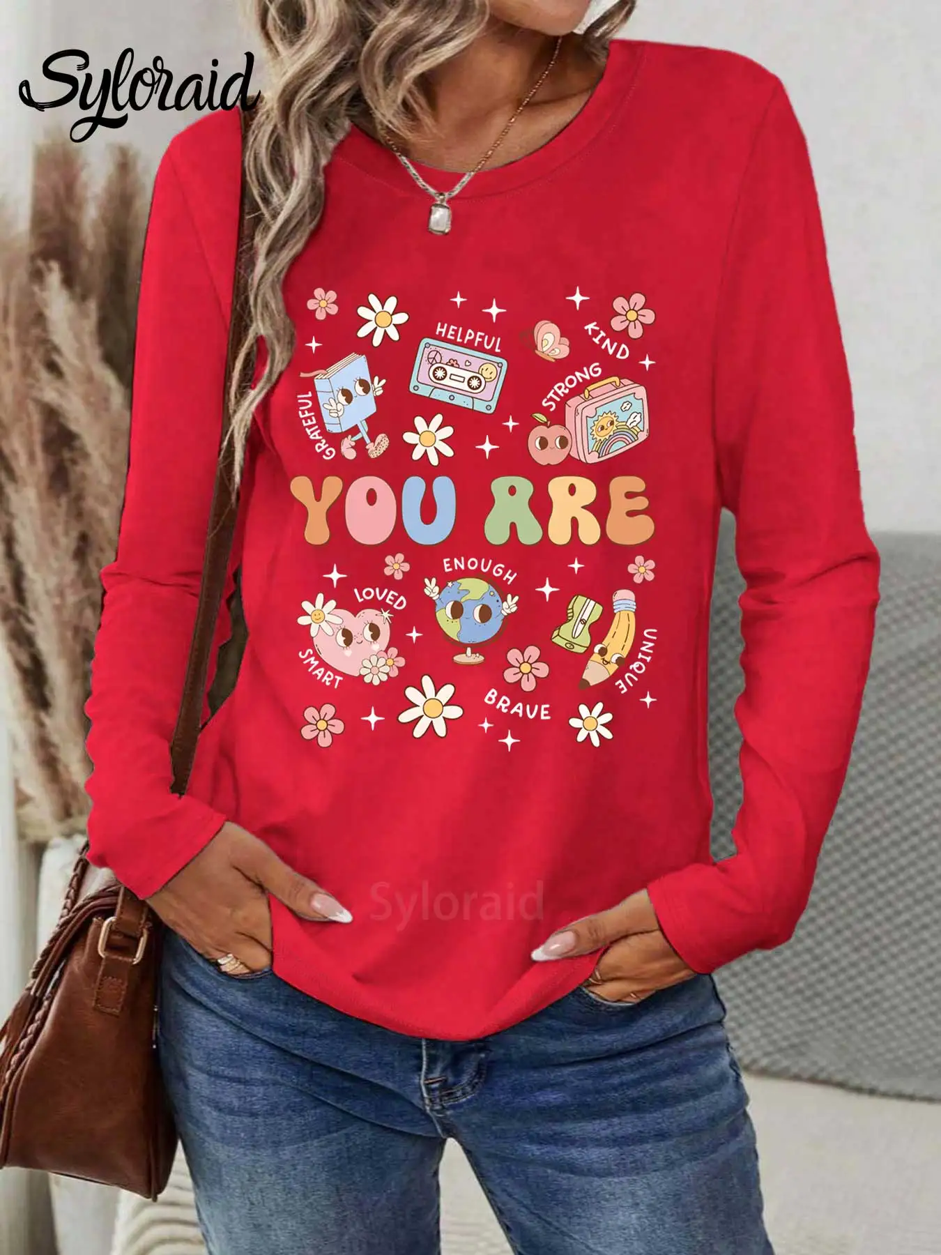 تي شيرت نسائي بأكمام طويلة تي شيرت برسومات العودة إلى المدرسة للمعلم أنت لطيف قميص عصري برقبة دائرية كاجوال #3