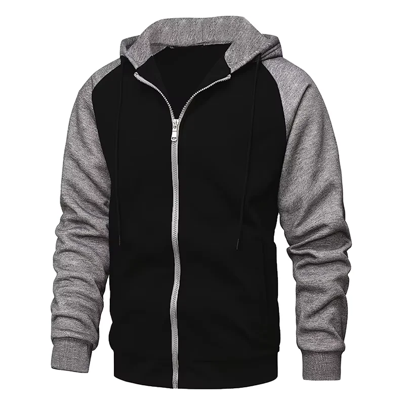 Men's Fleece Hoodies Long Sleeve Sweatshirts for Men Zipper Hooded Mens Fashion Color Blocking Sweatshirt Slim Fit Jacket Coat