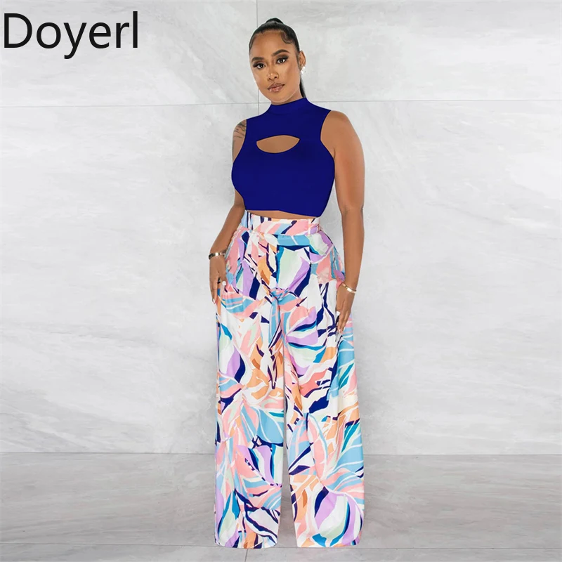 

Doyerl Elegant Two Piece Set Women Summer Clothes Hollow Out Slim Crop Top and Wide Leg Pants Holiday Outfits Ensemble Femme