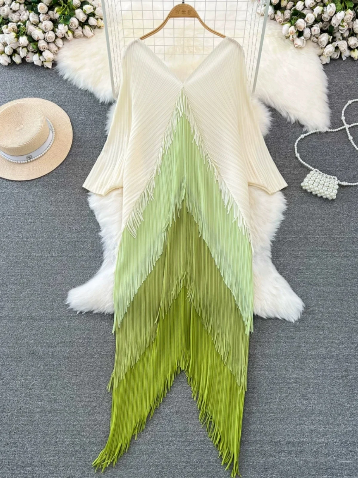 

Ele Long Sve V-Ne Bal Tassel adient Color Asymmetrical Dr Korean Sle Commute H-ape Midi Skirt