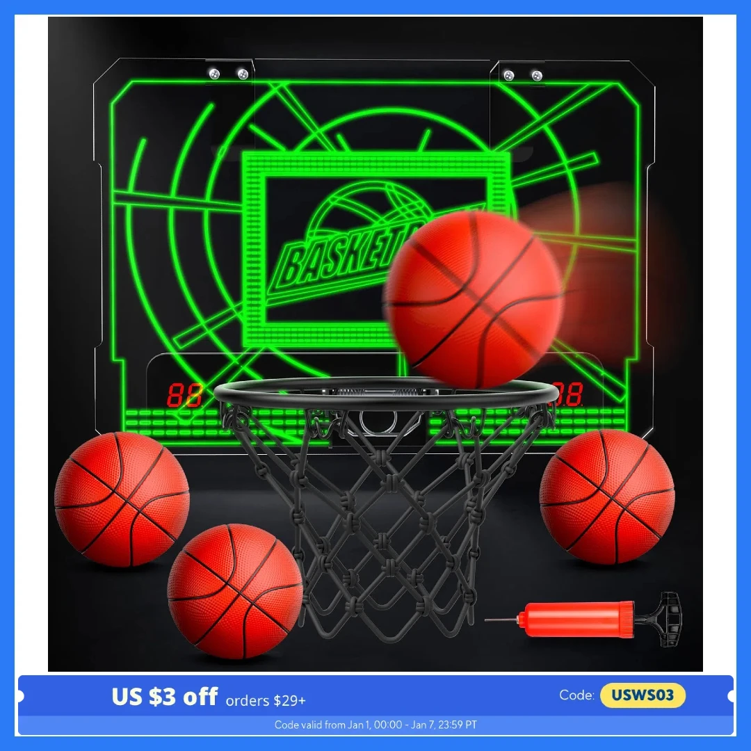 EagleStone 1120 Mini Basketball Hoop, LED Light, Scoreboard, 4 Balls, Gift for Kids 3-12