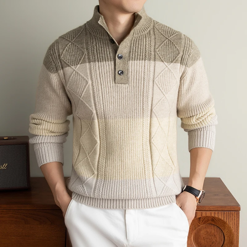 Designer trend color blocked knitted men's sweater luxury jacquard thicken warm new casual comfort button stand collar pullover