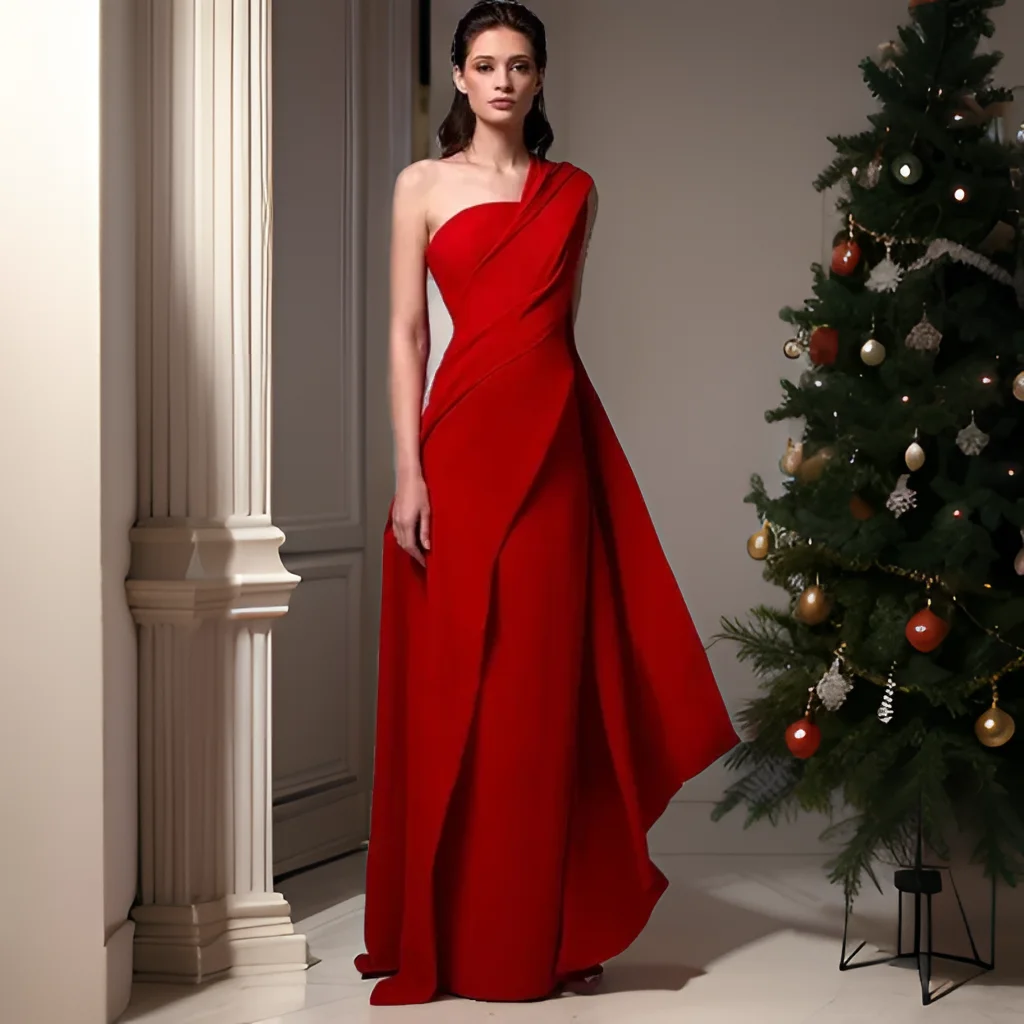 Elegant Red A-Line Evening Dresses,One Shoulder,Asymmetrical Neck Prom Dress,gala cocktail Floor-Length,Saudi Arabia Party Gown