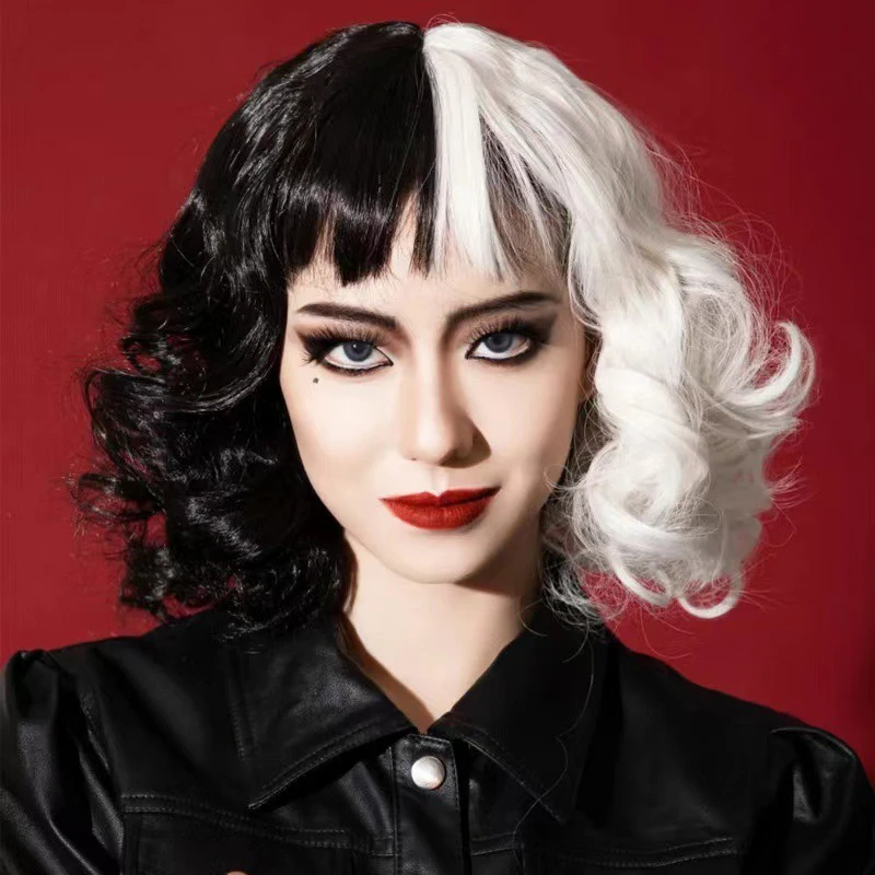 Peluca De modelado De rol De Crudelia, tocado De protagonista De Crudelia De Vil, tocado De mujer para Festival De Música, pelo corto y rizado De dos colores